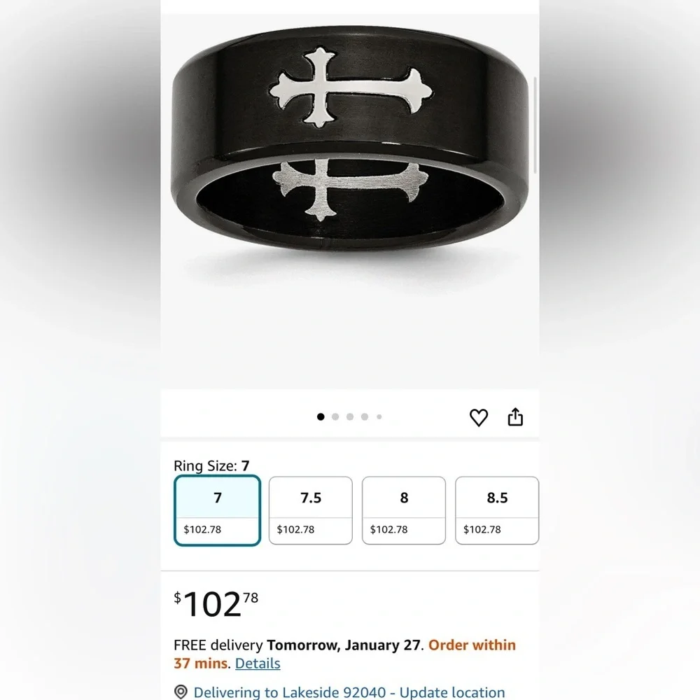 Stainless Steel Cross Ring band polished finish Black Cross Gothic Rock Biker